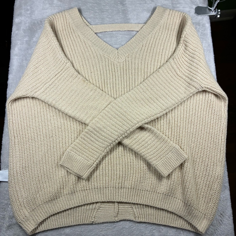 Forever 21 Cream Beige Ribbed V-Neck Reversible Strap Back Oversized Sweater M